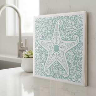 Azulejo De Cerâmica Série Vida Costeira Estrela-do-Mar Teal D1208