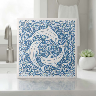 Azulejo De Cerâmica Série Vida Costeira Três Golfinhos Azul ID1208
