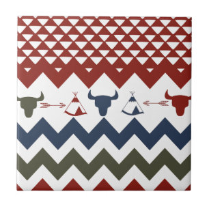 Azulejo De Cerâmica Seta Nativa de Crânios de Típicos Vermelho Azul Na