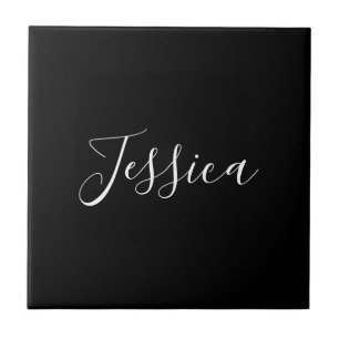 Azulejo De Cerâmica Seu Nome Escrita Branca Elegante em Preto