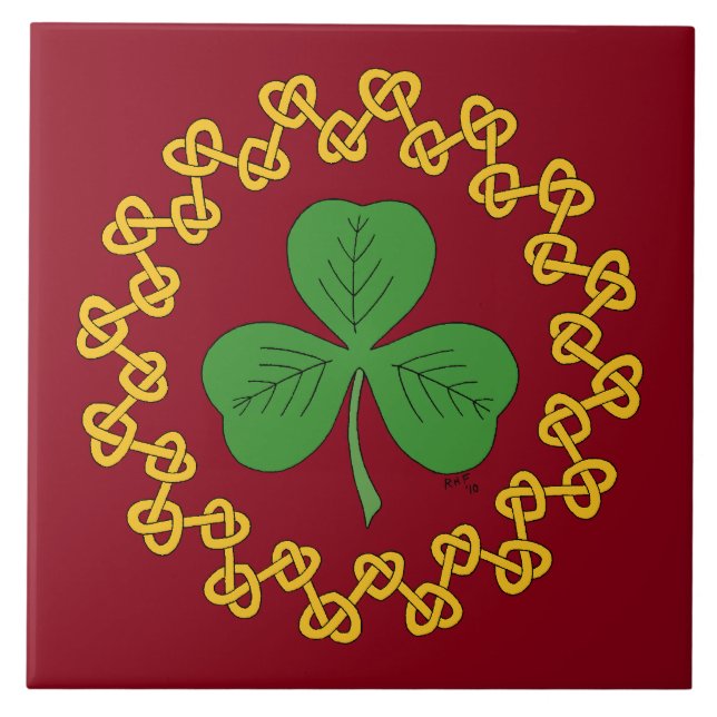 Azulejo De Cerâmica Shamrock and Knotwork on Red (Frente)