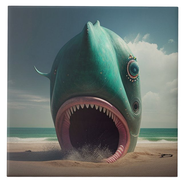 Azulejo De Cerâmica Shark sculpture on the beach (Frente)