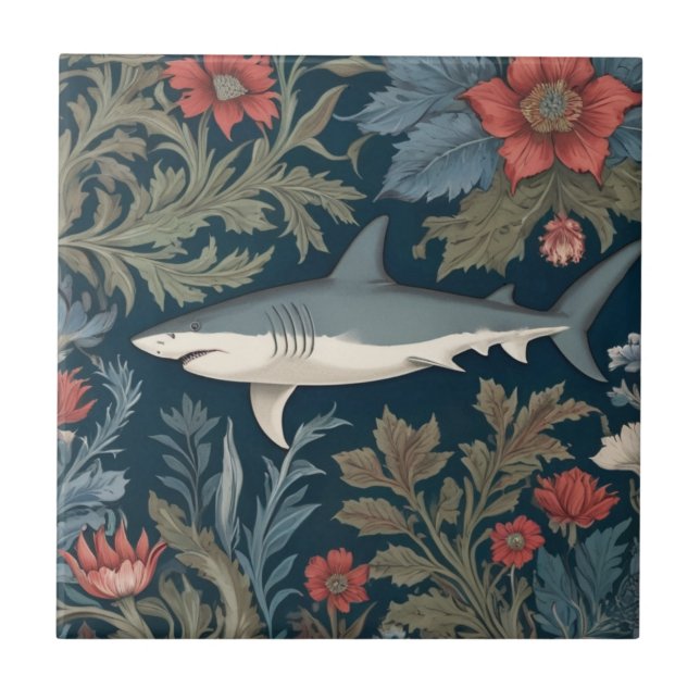 Azulejo De Cerâmica Shark William Morris Estilo para a Esquerda no Mar (Frente)
