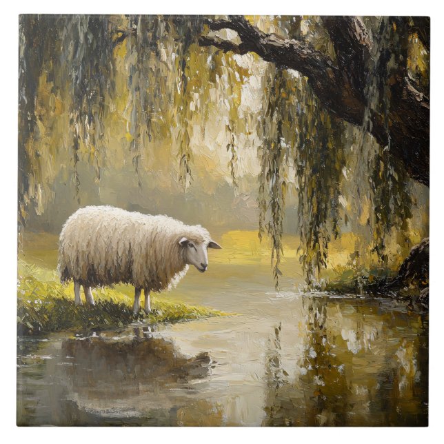 Azulejo De Cerâmica Sheep Under A Willow Tree Painting (Frente)