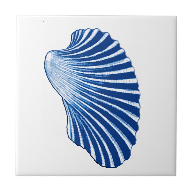 Azulejo De Cerâmica Shell Scallop, Azul Indigo e Branco (Frente)