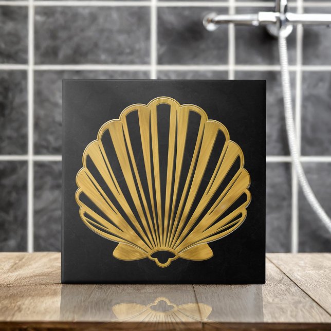 Azulejo De Cerâmica Shell Scallop - Marble Preto e Dourado (Criador carregado)