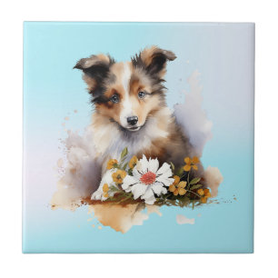 Azulejo De Cerâmica Shetland Sheepdog Puppy Pet Watercolor Fllower