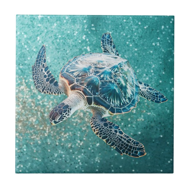 Azulejo De Cerâmica Shimmering Turquoise Sea Turtle | Coastal (Frente)