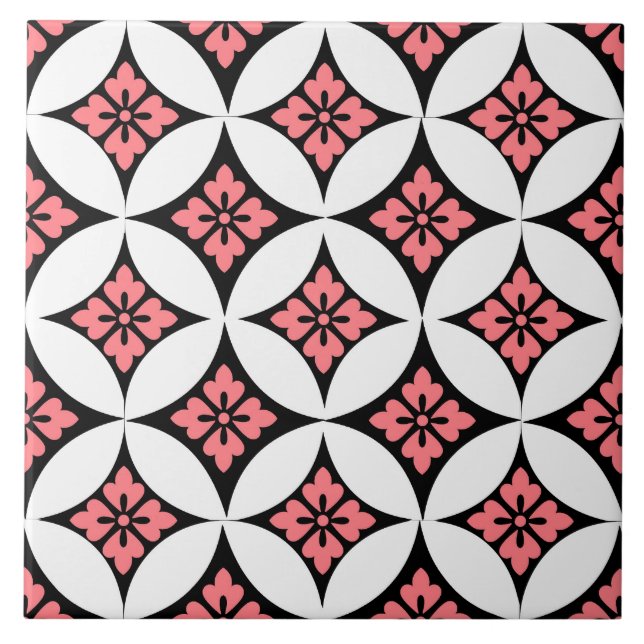 Azulejo De Cerâmica Shippo com motivo, preto, branco e rosa da flor (Frente)