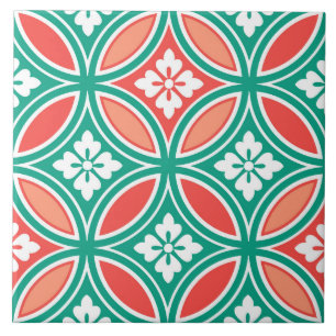 Azulejo De Cerâmica Shippo com motivo, turquesa e coral da flor