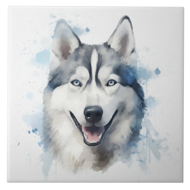 Azulejo De Cerâmica Siberian Husky Watercolor (Frente)