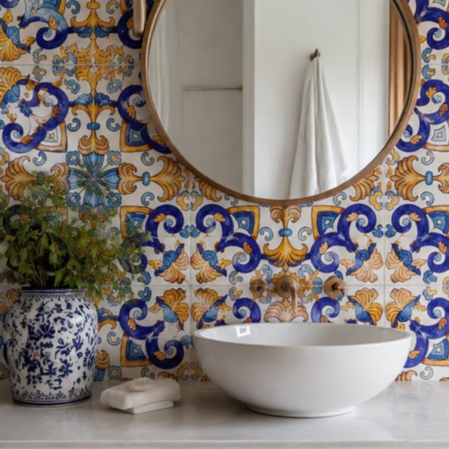 Azulejo De Cerâmica Sicilian Vibrant Majolica Scrollwork Mediterranean (Criador carregado)
