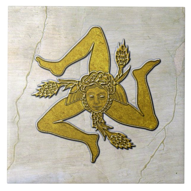 Azulejo De Cerâmica Siciliana Trinacria Dourada no padrão Fresco (Frente)