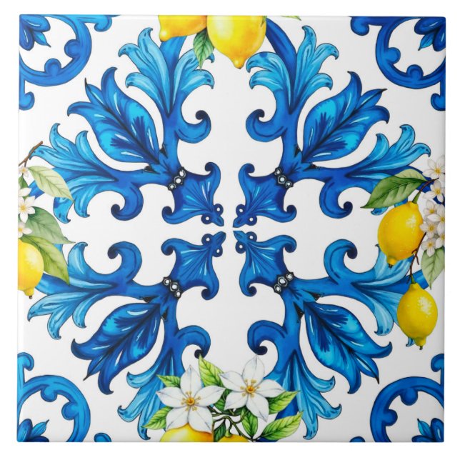 Azulejo De Cerâmica Siciliano,verão,limão,mosaico,azul (Frente)