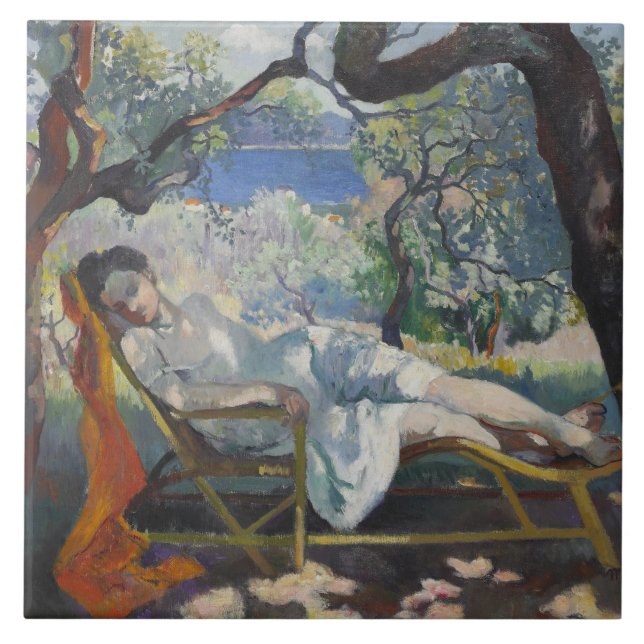 Azulejo De Cerâmica Siesta (Jeanne Dormindo em um Jardim Mediterrâneo) (Frente)