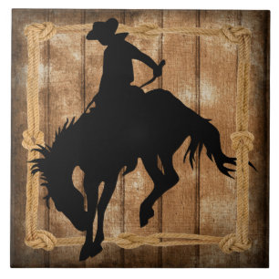 Azulejo De Cerâmica Silhouette Rodeo Cowboy em Buking Bronco