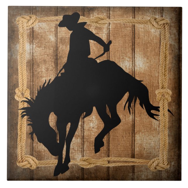 Azulejo De Cerâmica Silhouette Rodeo Cowboy em Buking Bronco (Frente)