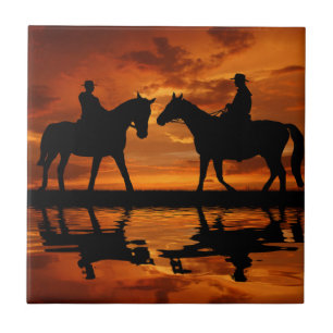 Azulejo De Cerâmica Silhub de cowboy escalador do Sunset Ocidental