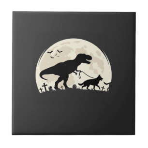 Azulejo De Cerâmica Silhueta da Lua do Dinossauro de Halloween do Past