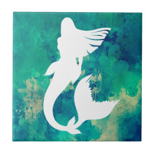 Azulejo De Cerâmica Silhueta da sereia das matiz do oceano das