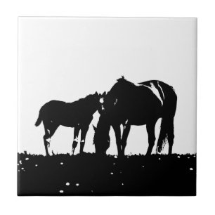 Azulejo De Cerâmica Silhueta de Cavalos Pretos e Branco