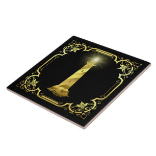 Azulejo De Cerâmica Silhueta de farol marítimo náutico/ouro/preto