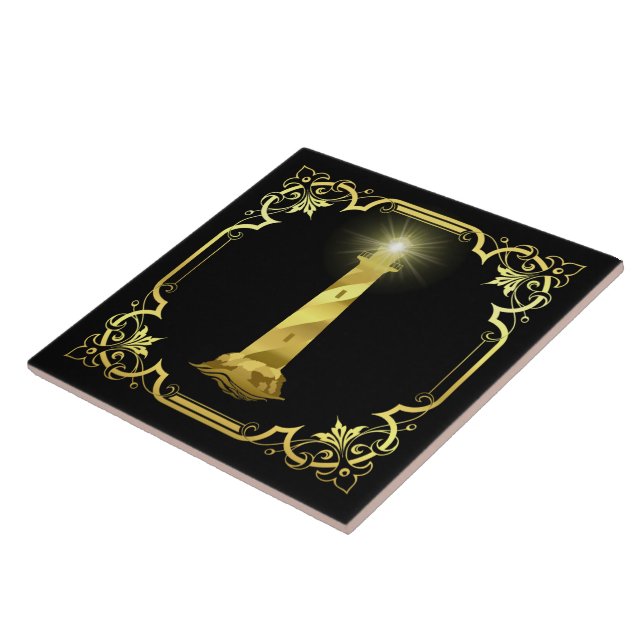 Azulejo De Cerâmica Silhueta de farol marítimo náutico/ouro/preto (Lateral)