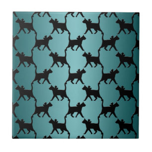 Azulejo De Cerâmica Silhueta de Gato Preto Fofo em Azul Turquesa