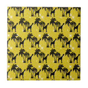 Azulejo De Cerâmica Silhueta de Girafa Folhas de Palmeira Tropical Zoo