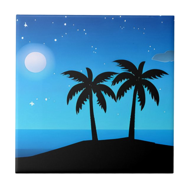 Azulejo De Cerâmica Silhueta de Ilha Tropical com Lua e Estrelas (Frente)