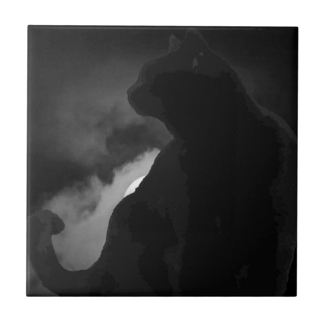 Azulejo De Cerâmica Silhueta de Lua Gato Preto (Frente)