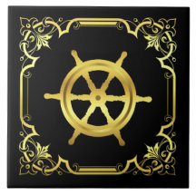 Silhueta de roda do navio náutico/ouro/preto