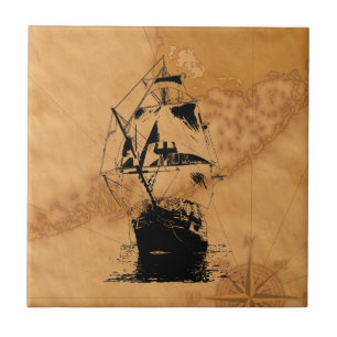 Azulejo De Cerâmica Silhueta preta do navio