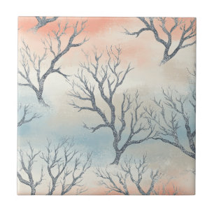 Azulejo De Cerâmica Silhuetas de Árvores Geadas em Pastel Sonhador