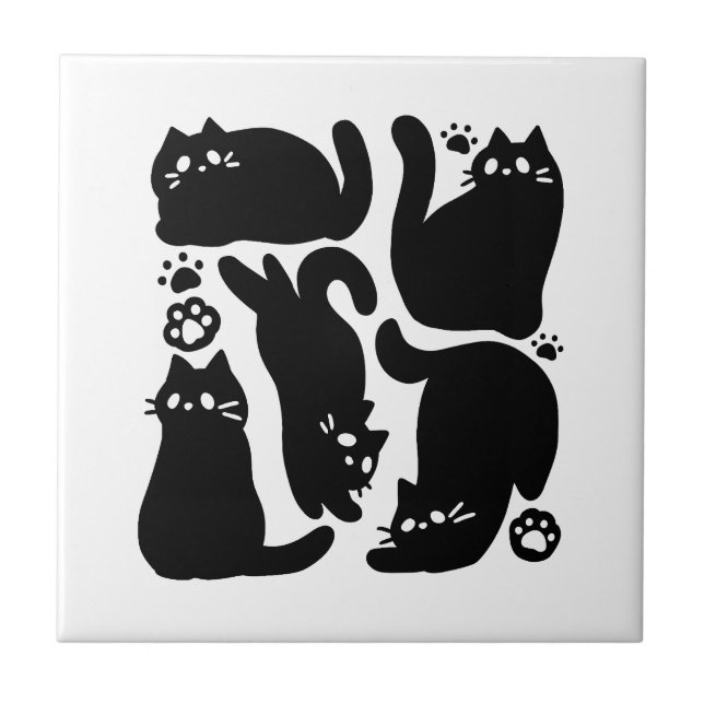 Azulejo De Cerâmica Silhuettes de Gato Negro - Design de Felino Cinto (Frente)