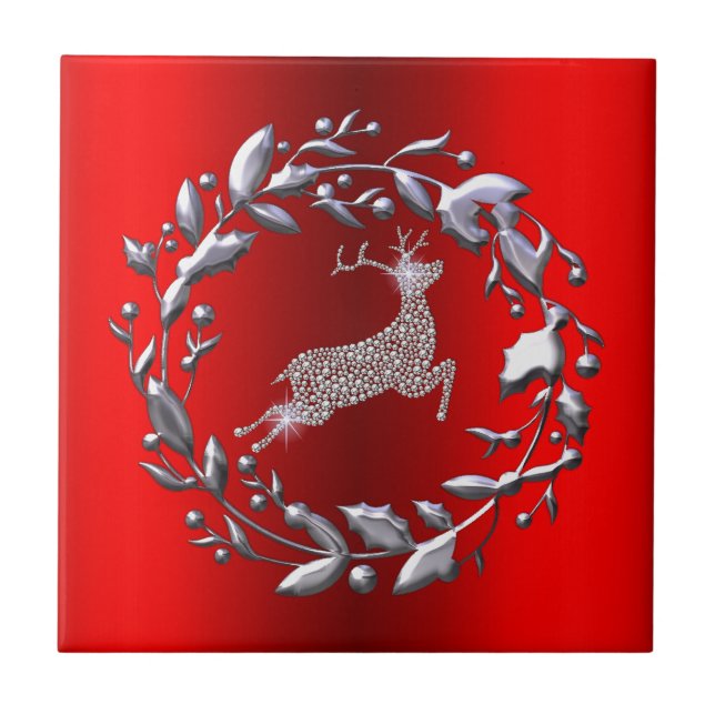 Azulejo De Cerâmica Silver Christmas Wreath e Reindeer (Frente)