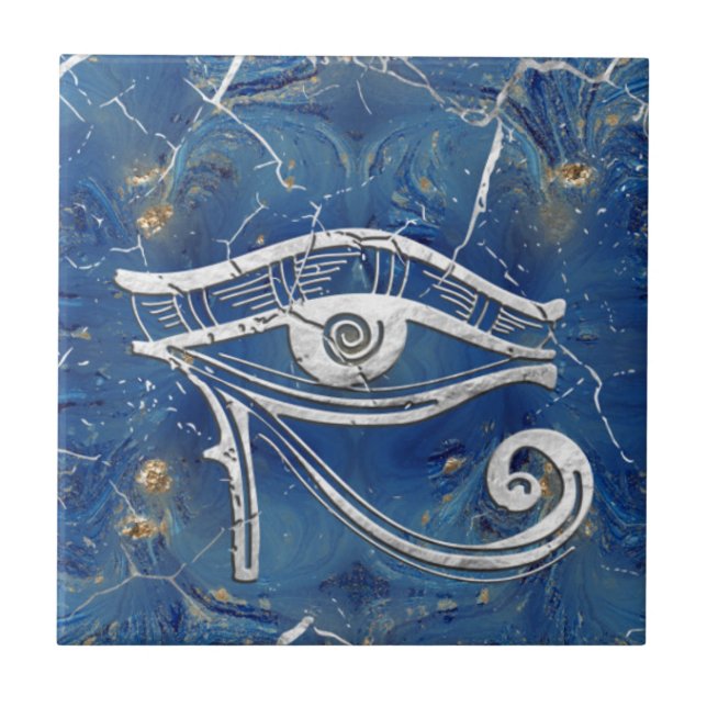 Azulejo De Cerâmica Silver Egyptian Eye of Horus  on blue marble (Frente)