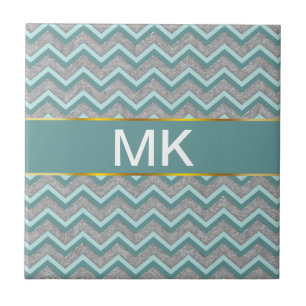 Azulejo De Cerâmica Silver Foil e Teal ZigZag