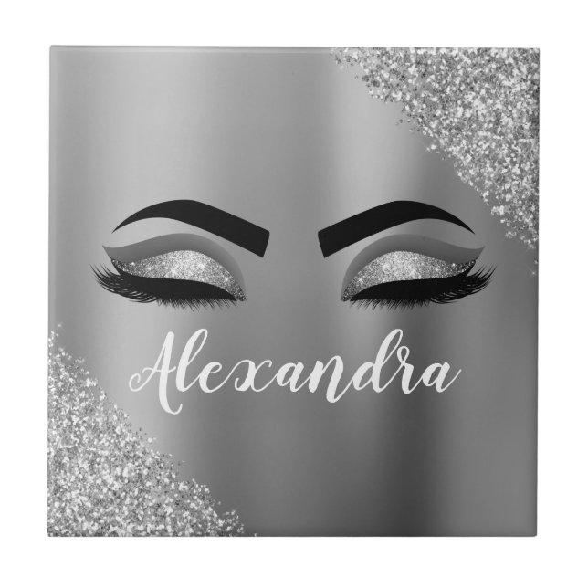Azulejo De Cerâmica Silver Glitter Sparkle Eyelashes Monograma (Frente)