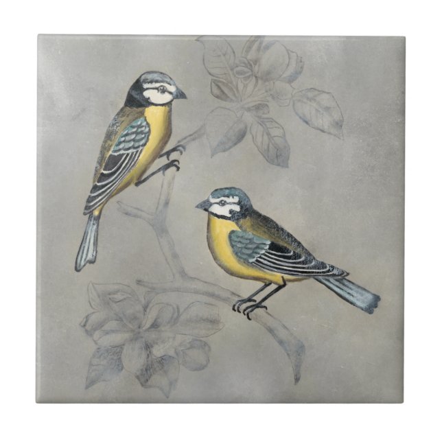 Azulejo De Cerâmica Silvered Aviary | Casal de aves (Frente)
