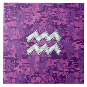 Azulejo De Cerâmica Símbolo Aquarius Zodiac na Camuflagem Digital Rosa