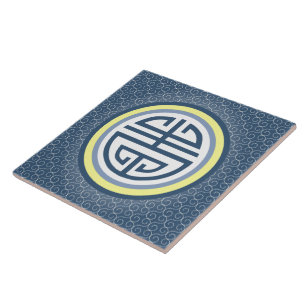 Azulejo De Cerâmica Símbolo de Longevidade Chinês - Azul e Amarelo
