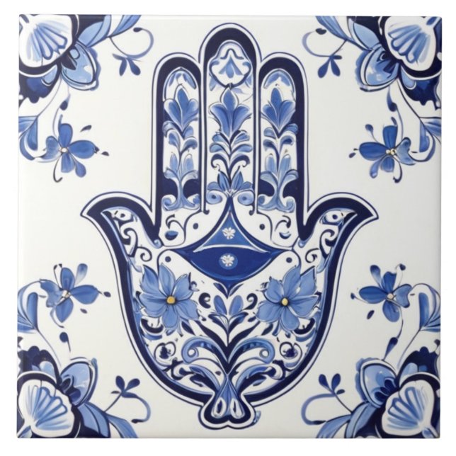 Azulejo De Cerâmica Símbolo de Mão de Hamsa - Mão Azul e Branca de Fát (Frente)
