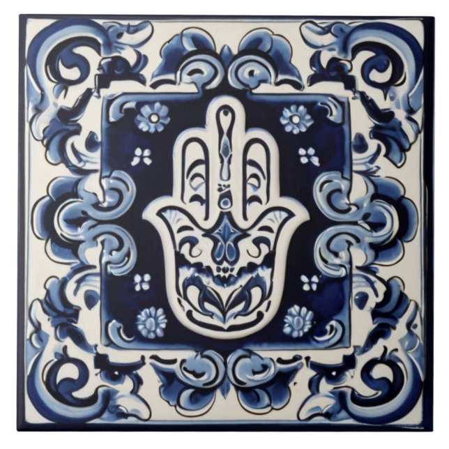 Azulejo De Cerâmica Símbolo de Mão de Hamsa - Mão Azul e Branca de Fát (Frente)