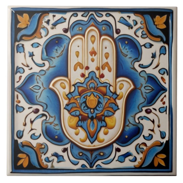 Azulejo De Cerâmica Símbolo de Mão de Hamsa - Mão Azul e Dourada da Fá (Frente)