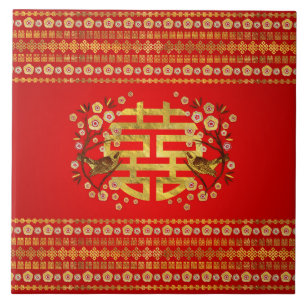 Azulejo De Cerâmica Símbolo Dourado de Dupla Felicidade com flores e p