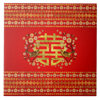 Azulejo De Cerâmica Símbolo Dourado de Dupla Felicidade com flores e p
