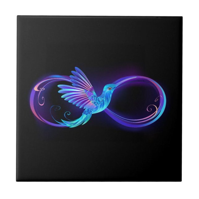 Azulejo De Cerâmica Símbolo Neon Infinity com Hummingbird brilhante (Frente)