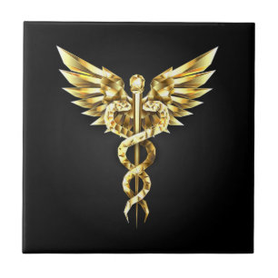 Azulejo De Cerâmica Símbolo Poligonal Dourado Caduceus