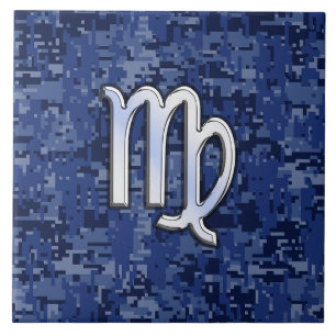 Azulejo De Cerâmica Símbolo Virgo Zodíaco na Camuflagem Digital Azul